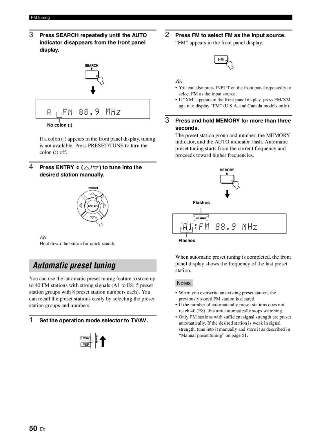 Yamaha YSP-3000 owner manual Automatic preset tuning, 50 En 