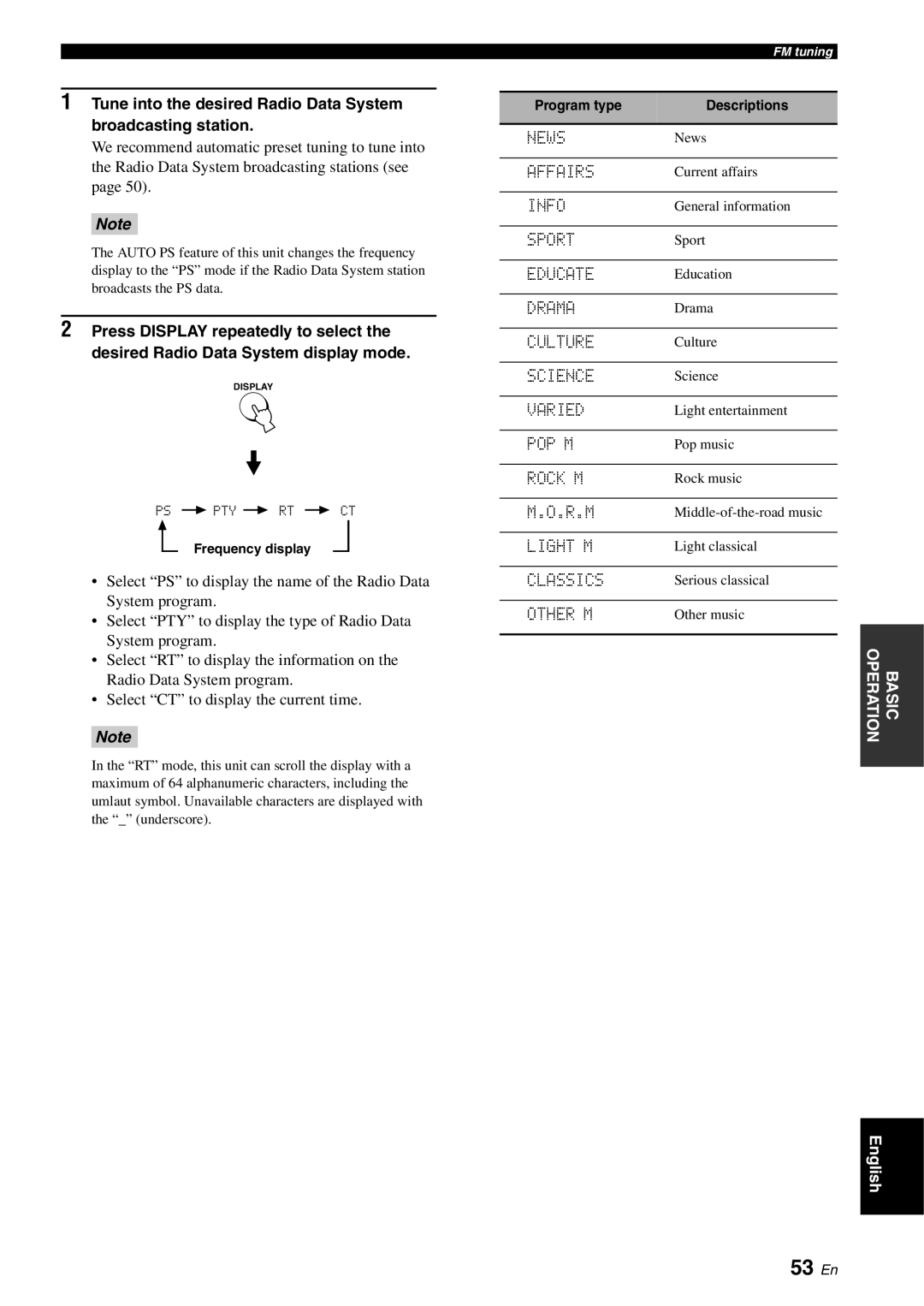 Yamaha YSP-3000 owner manual 53 En, Tune into the desired Radio Data System broadcasting station 