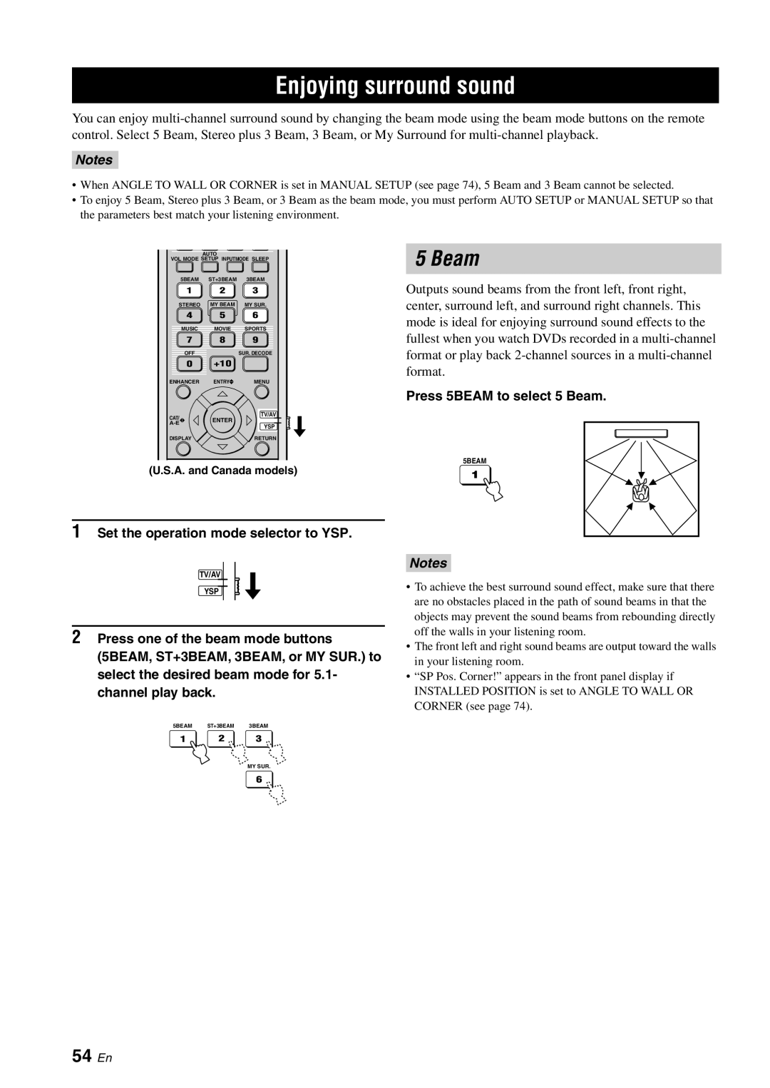 Yamaha YSP-3000 owner manual Enjoying surround sound, 54 En, Press 5BEAM to select 5 Beam 