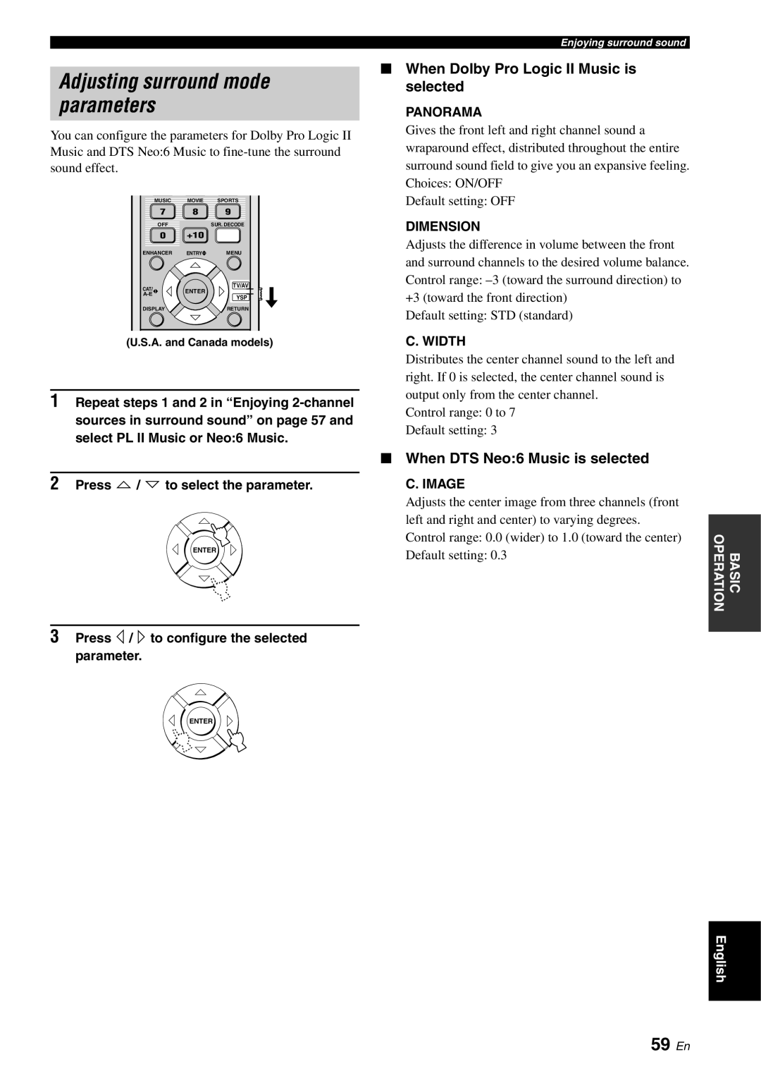 Yamaha YSP-3000 owner manual Adjusting surround mode parameters, 59 En, When Dolby Pro Logic II Music is selected 