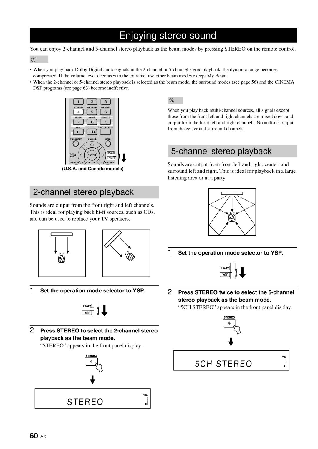 Yamaha YSP-3000 owner manual Enjoying stereo sound, Channel stereo playback, 5CH Stereo, 60 En 