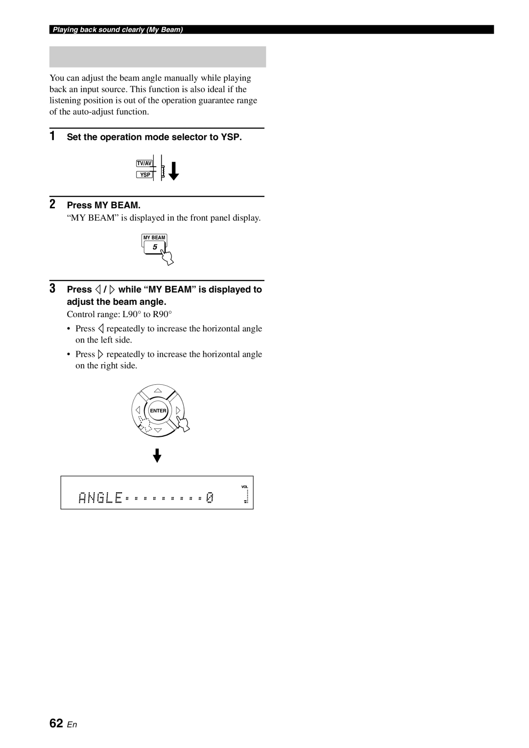 Yamaha YSP-3000 owner manual Using manual-adjust function, Angle, 62 En, Press MY Beam 