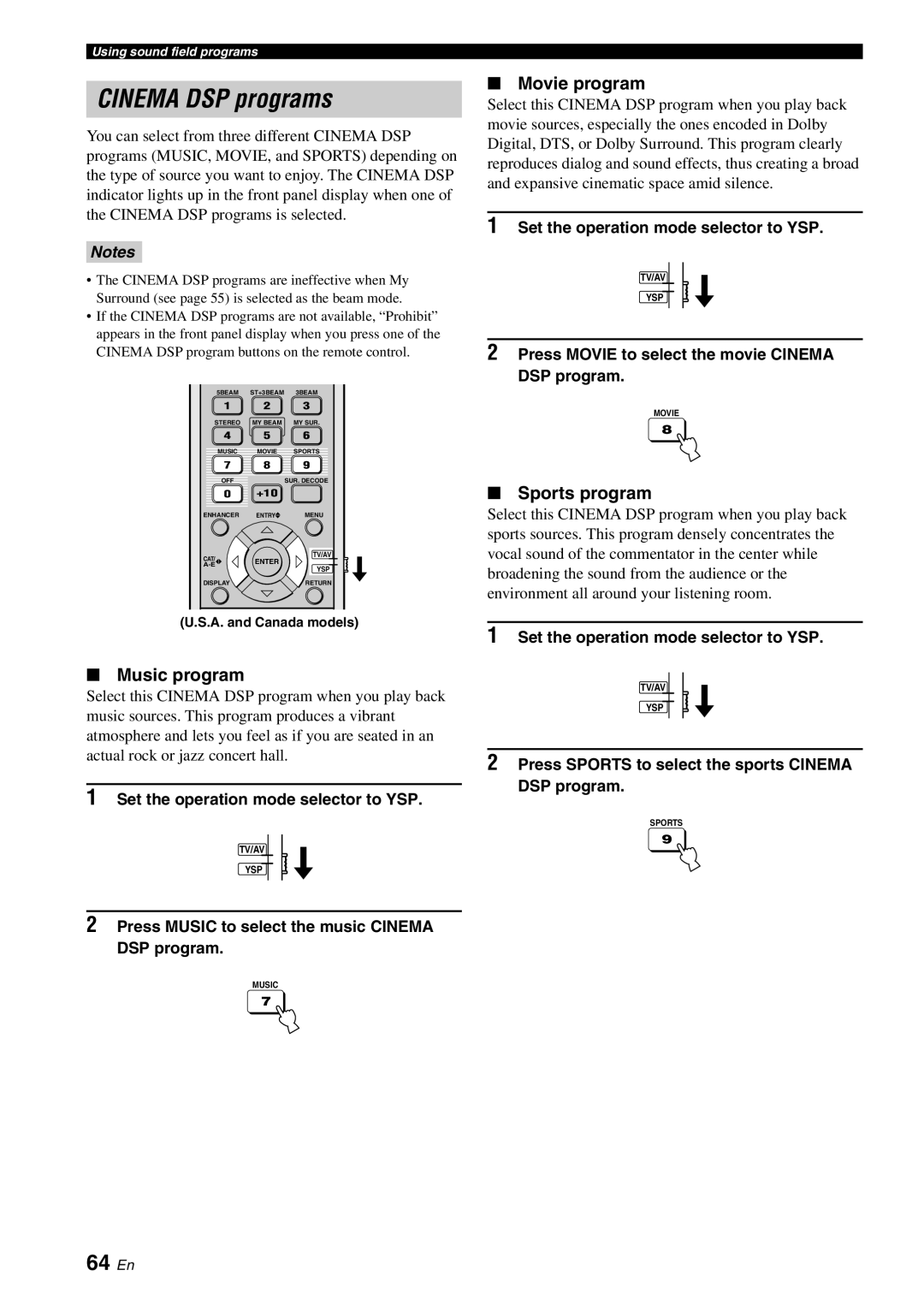 Yamaha YSP-3000 owner manual Cinema DSP programs, 64 En, Music program, Movie program, Sports program 