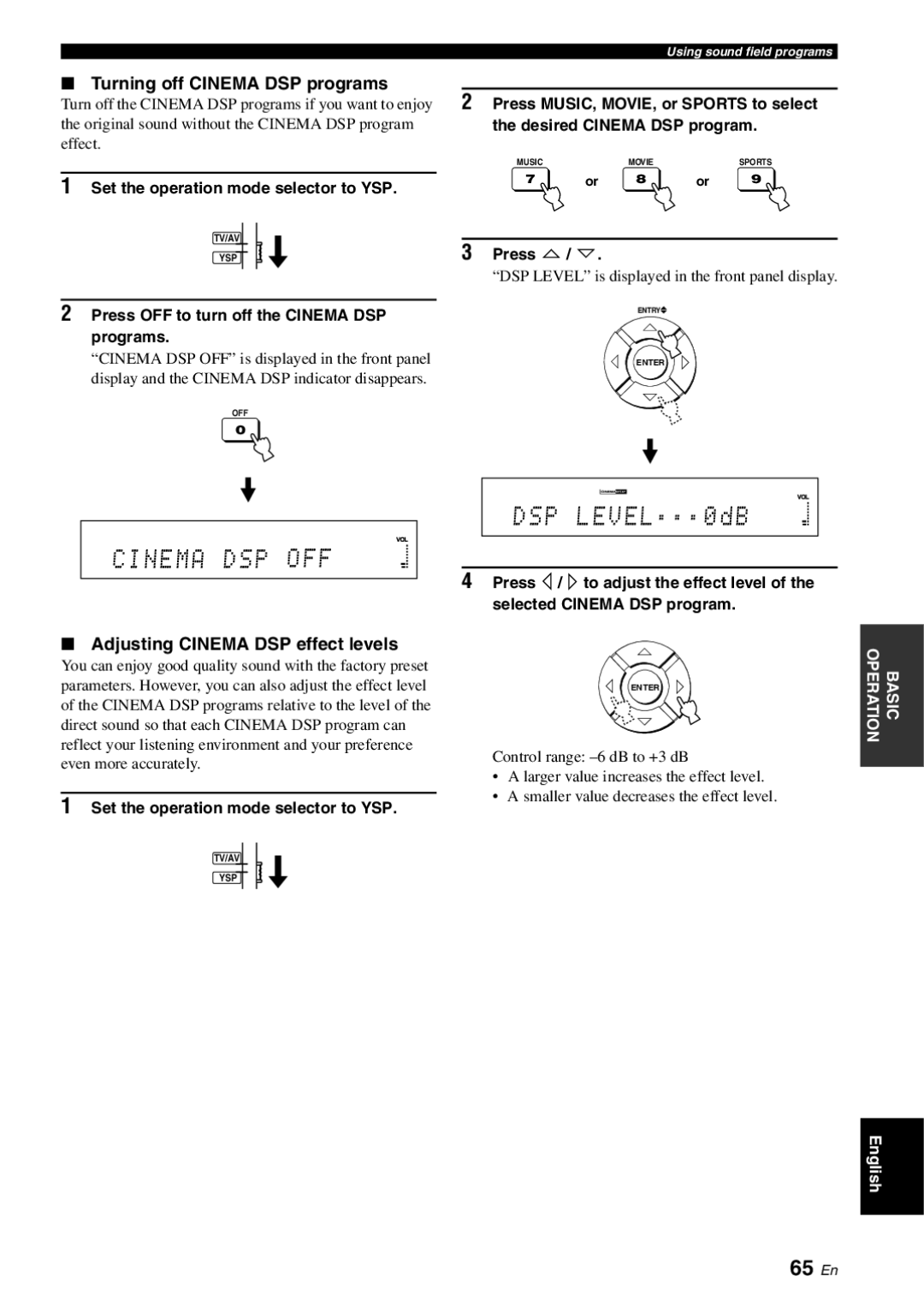 Yamaha YSP-3000 owner manual DSP Level, 65 En, Turning off Cinema DSP programs, Adjusting Cinema DSP effect levels 