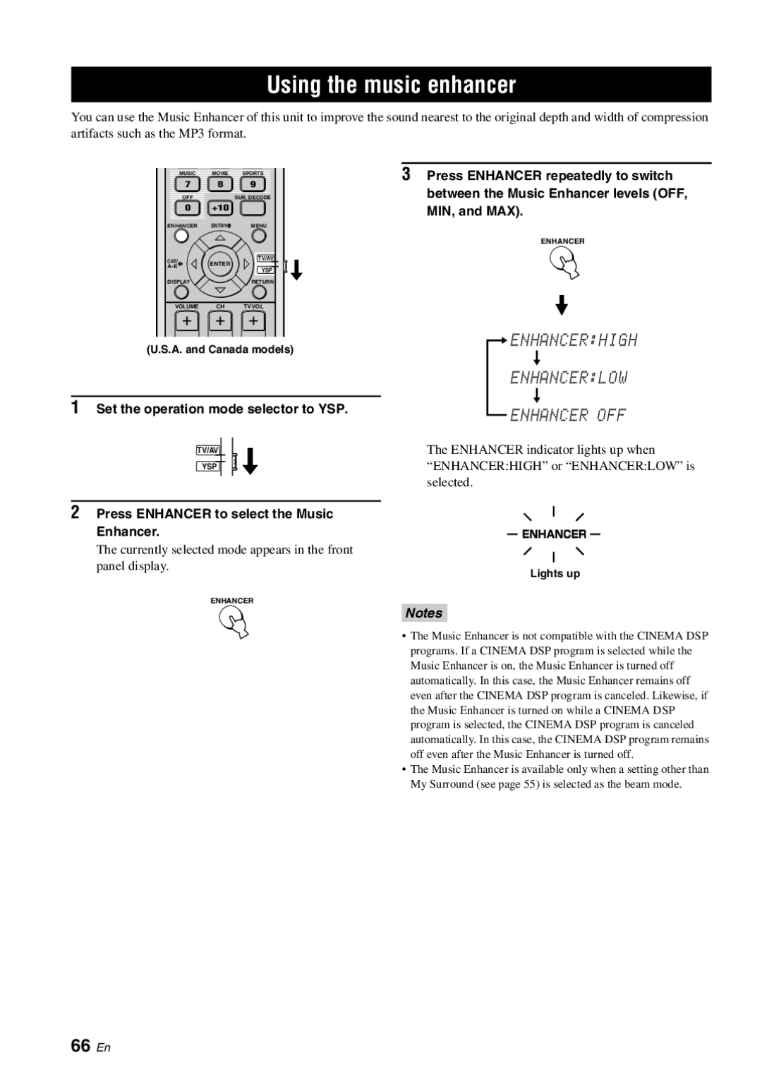 Yamaha YSP-3000 owner manual Using the music enhancer, 66 En, Press Enhancer to select the Music Enhancer 