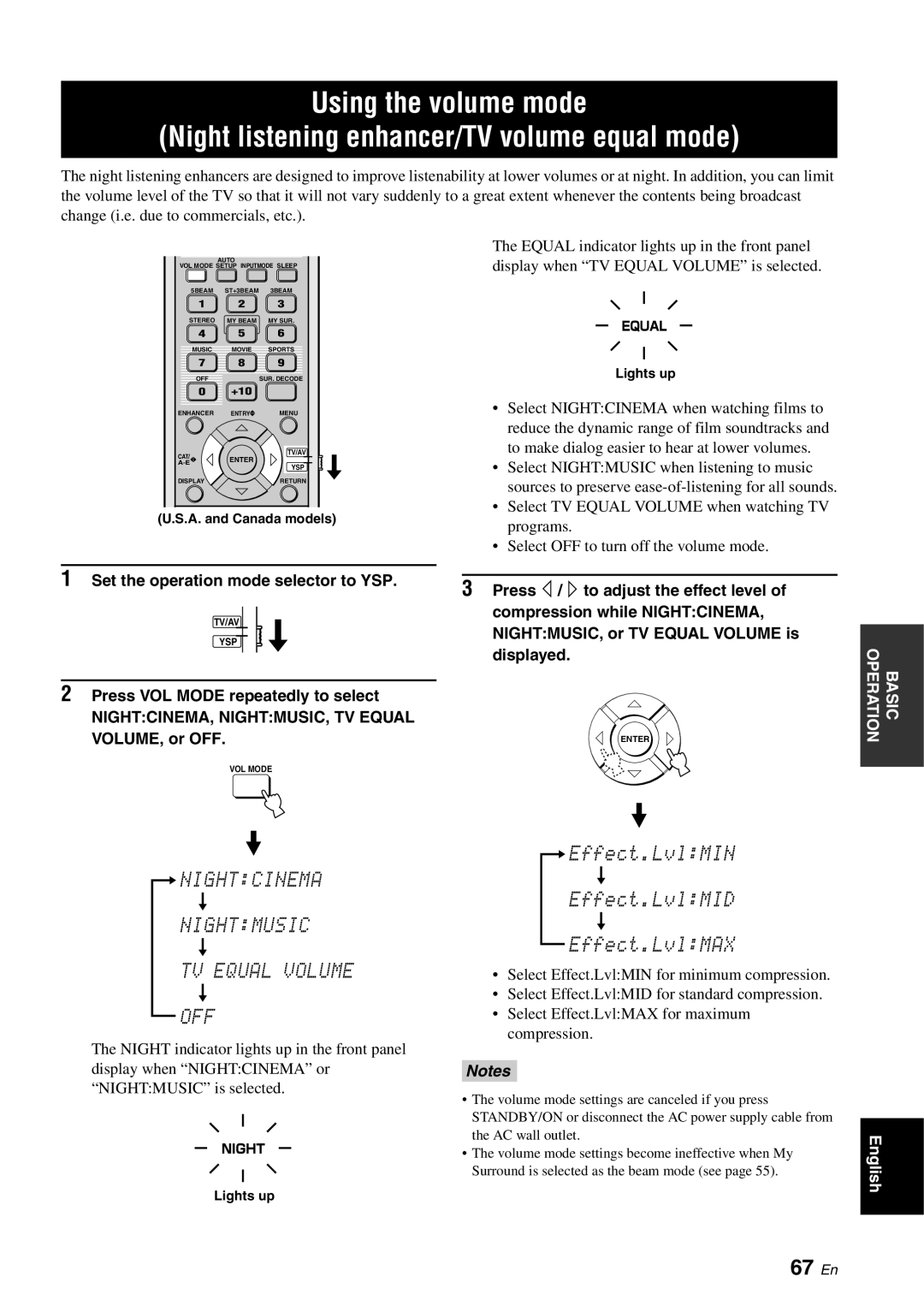 Yamaha YSP-3000 owner manual 67 En, NIGHTCINEMA, NIGHTMUSIC, TV Equal 