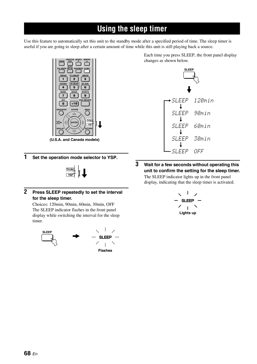 Yamaha YSP-3000 owner manual Using the sleep timer, 68 En, Unit to confirm the setting for the sleep timer 