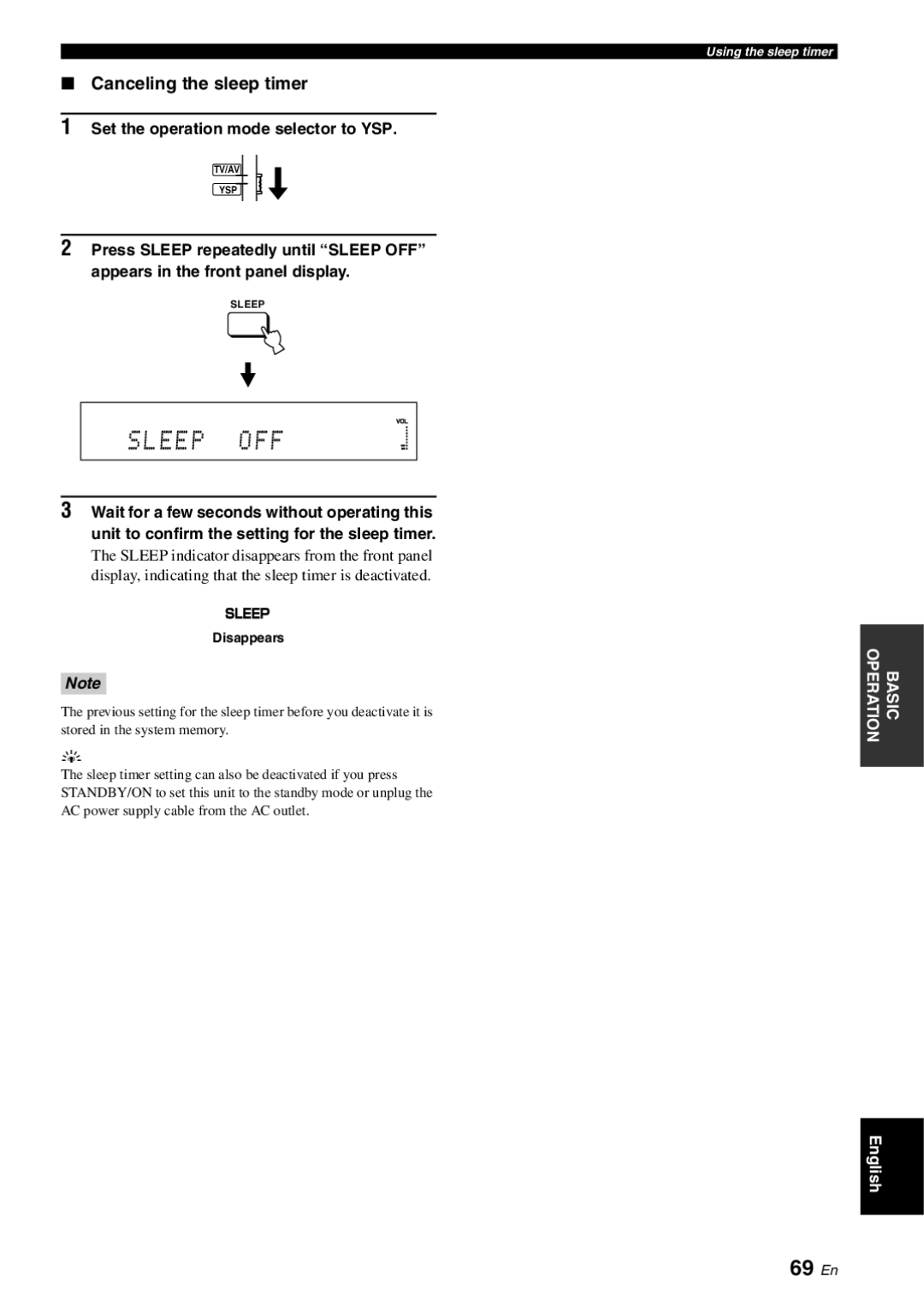 Yamaha YSP-3000 owner manual Sleep OFF, 69 En, Canceling the sleep timer 