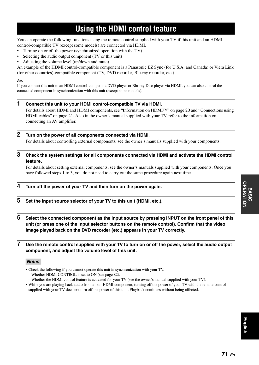 Yamaha YSP-3000 owner manual Using the Hdmi control feature, 71 En 