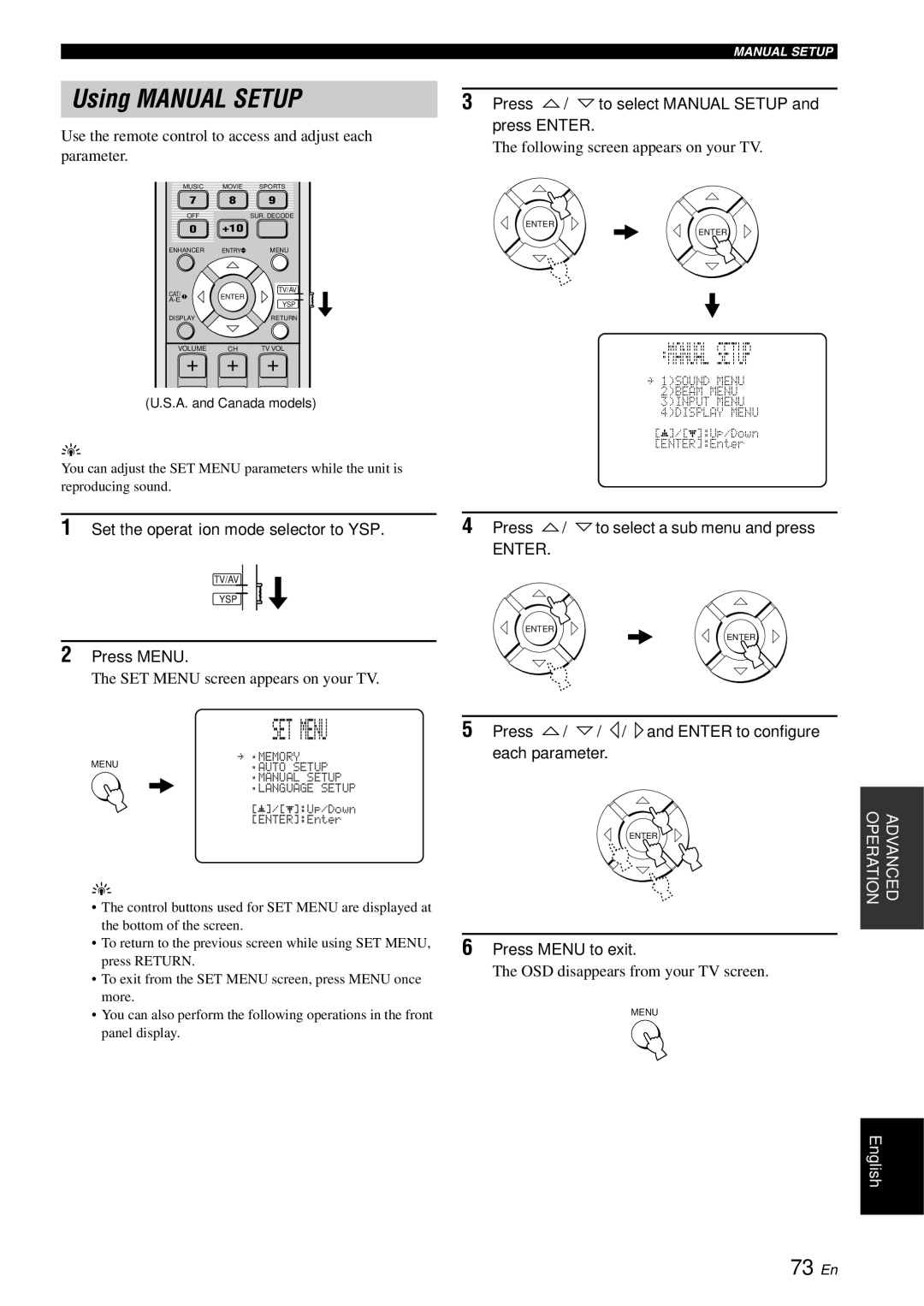 Yamaha YSP-3000 owner manual Using Manual Setup, 73 En 