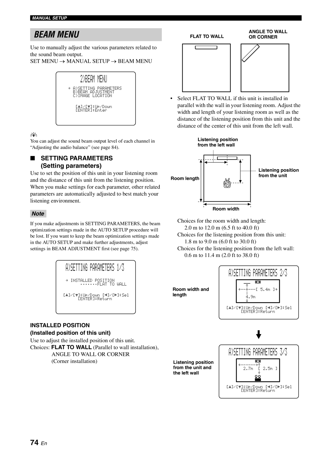 Yamaha YSP-3000 owner manual 2BEAM Menu, 74 En, Setting parameters, Installed Position Installed position of this unit 