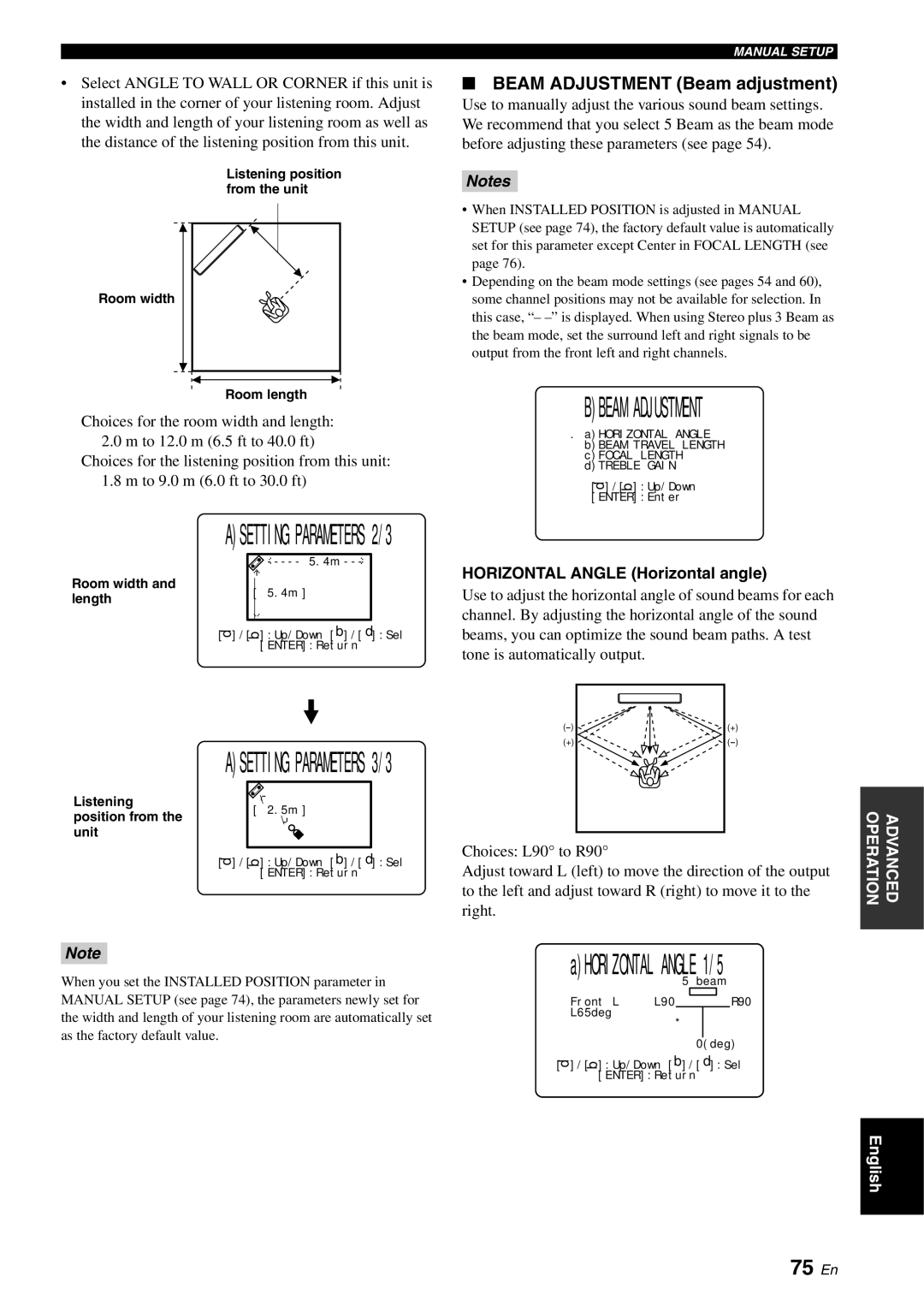 Yamaha YSP-3000 owner manual 75 En, Beam Adjustment Beam adjustment, Horizontal Angle Horizontal angle 