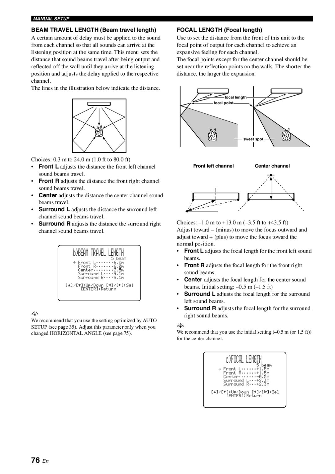 Yamaha YSP-3000 owner manual 76 En, Beam Travel Length Beam travel length, Focal Length Focal length 