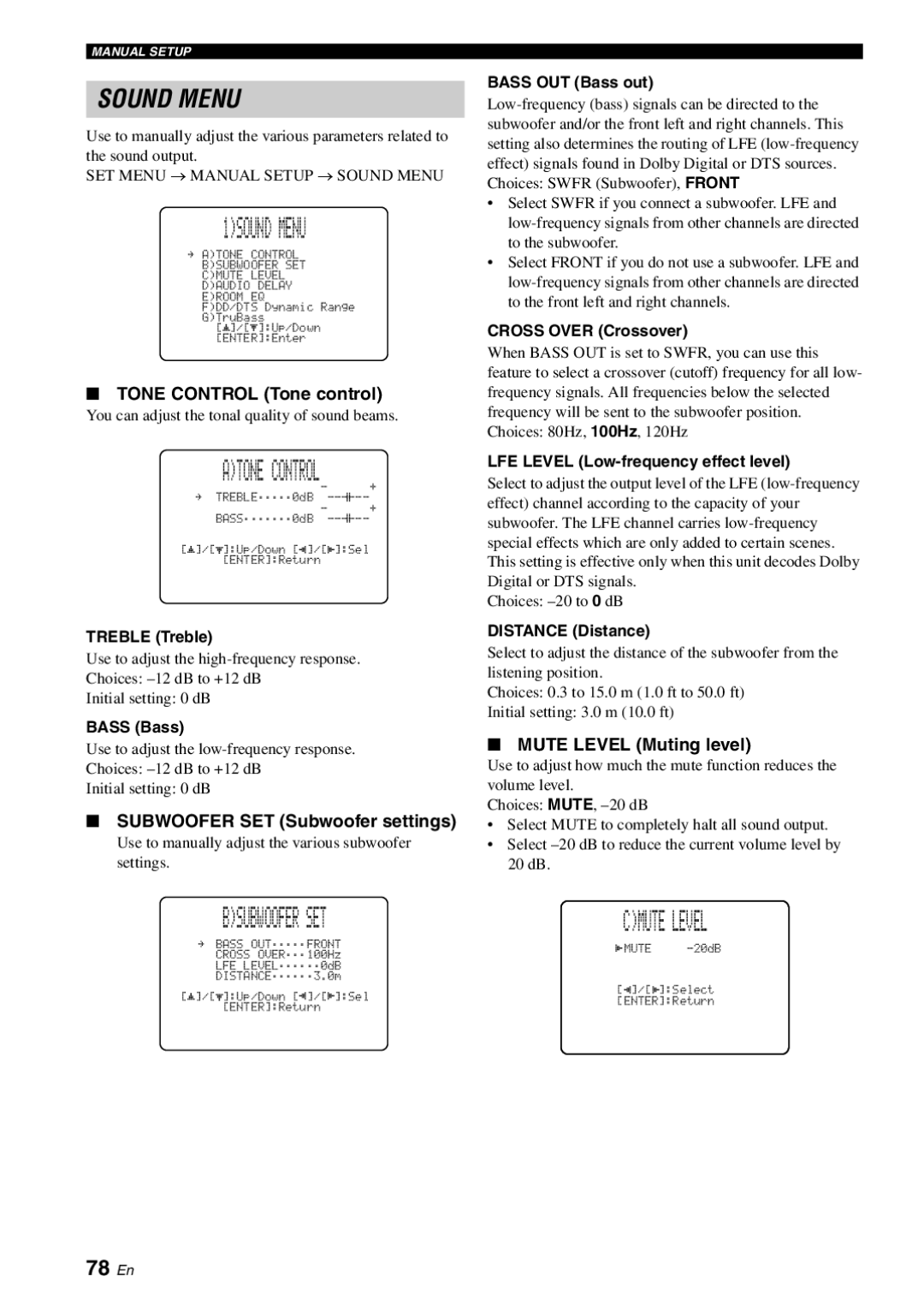 Yamaha YSP-3000 owner manual 1SOUND Menu, Atone Control, Cmute Level, 78 En 