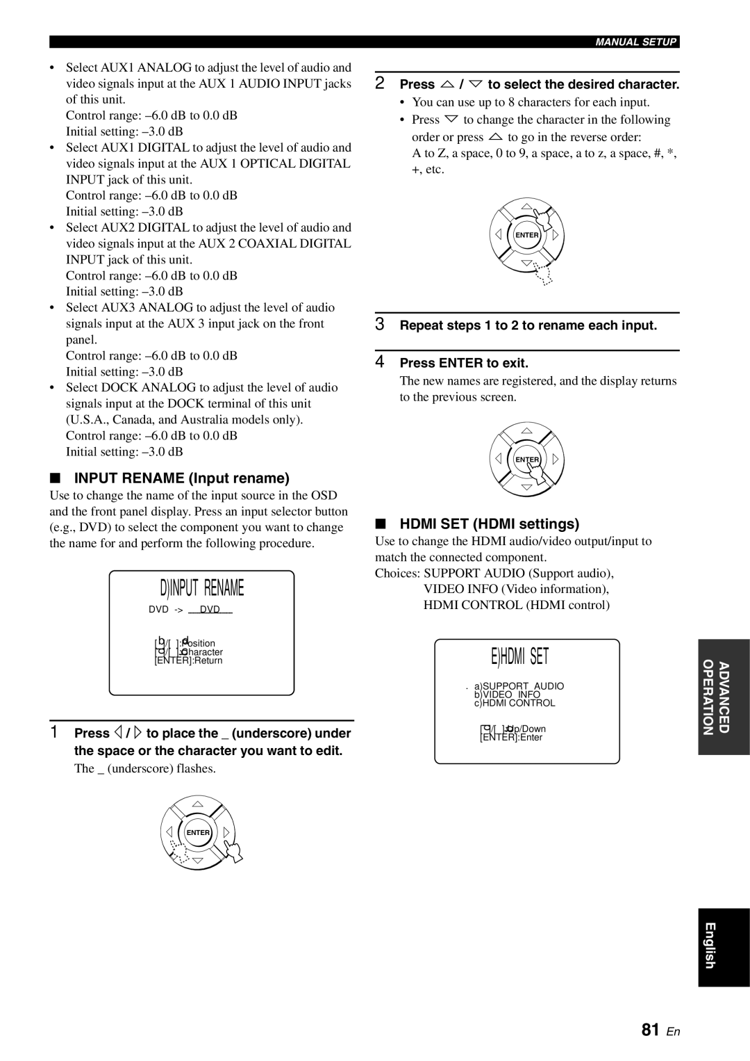 Yamaha YSP-3000 owner manual Dinput Rename, Ehdmi SET, 81 En, Input Rename Input rename, Hdmi SET Hdmi settings 