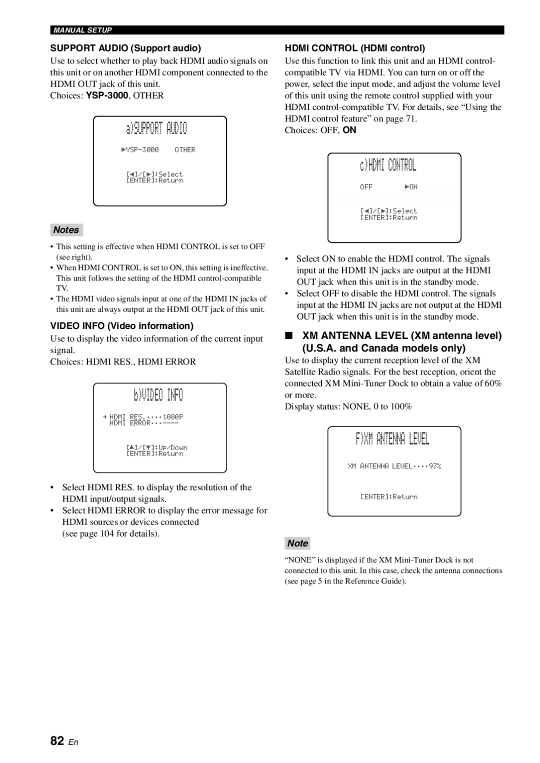 Yamaha YSP-3000 owner manual FXM Antenna Level, 82 En, XM Antenna Level XM antenna level A. and Canada models only 