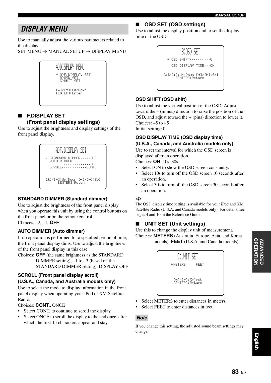 Yamaha YSP-3000 owner manual 4DISPLAY Menu, Af.Display Set, Bosd SET, Cunit SET, 83 En 