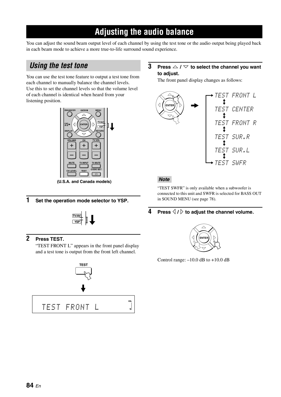 Yamaha YSP-3000 owner manual Adjusting the audio balance, Using the test tone, Test Front, 84 En 