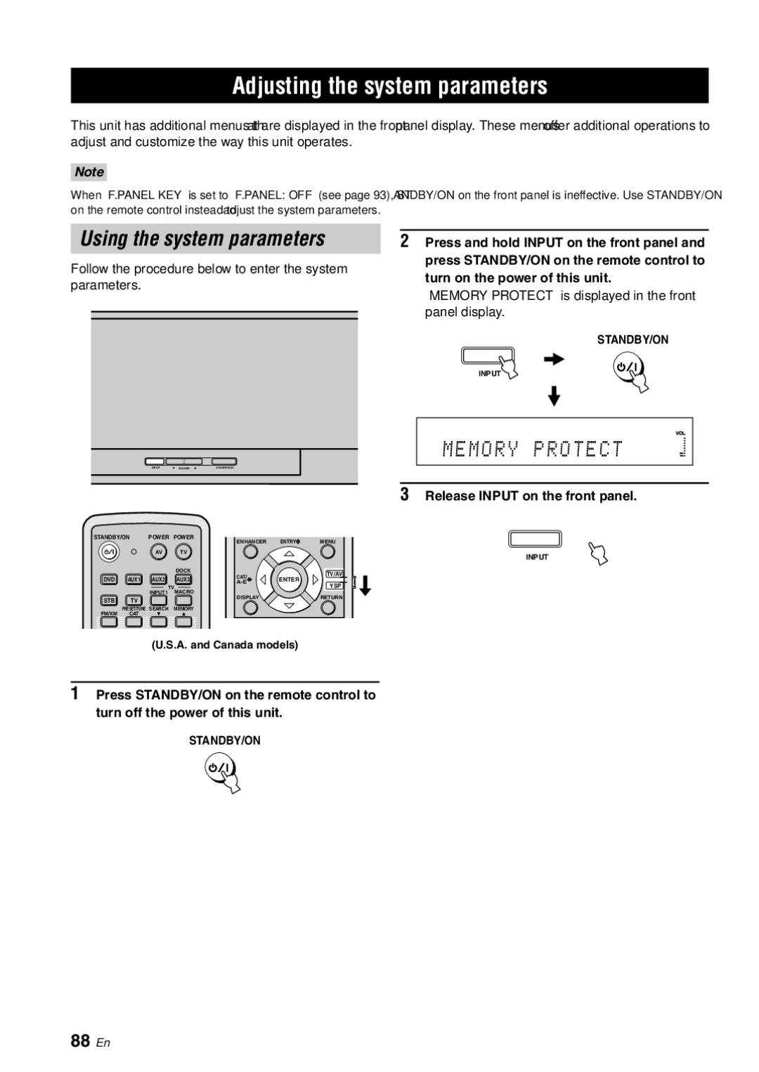 Yamaha YSP-3000 owner manual Adjusting the system parameters, Using the system parameters, Protect, 88 En 