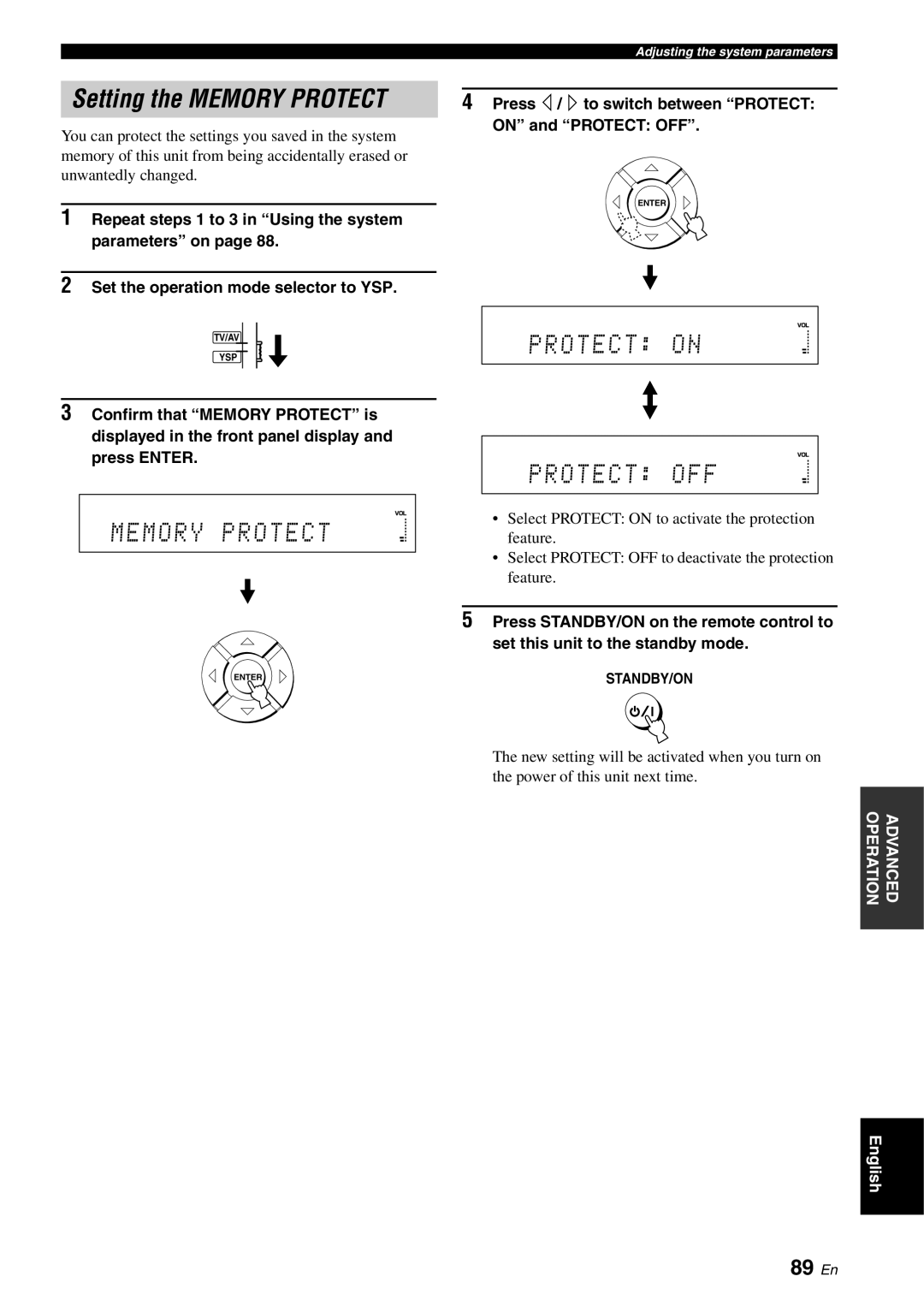 Yamaha YSP-3000 owner manual 89 En, Press / to switch between Protect on and Protect OFF 