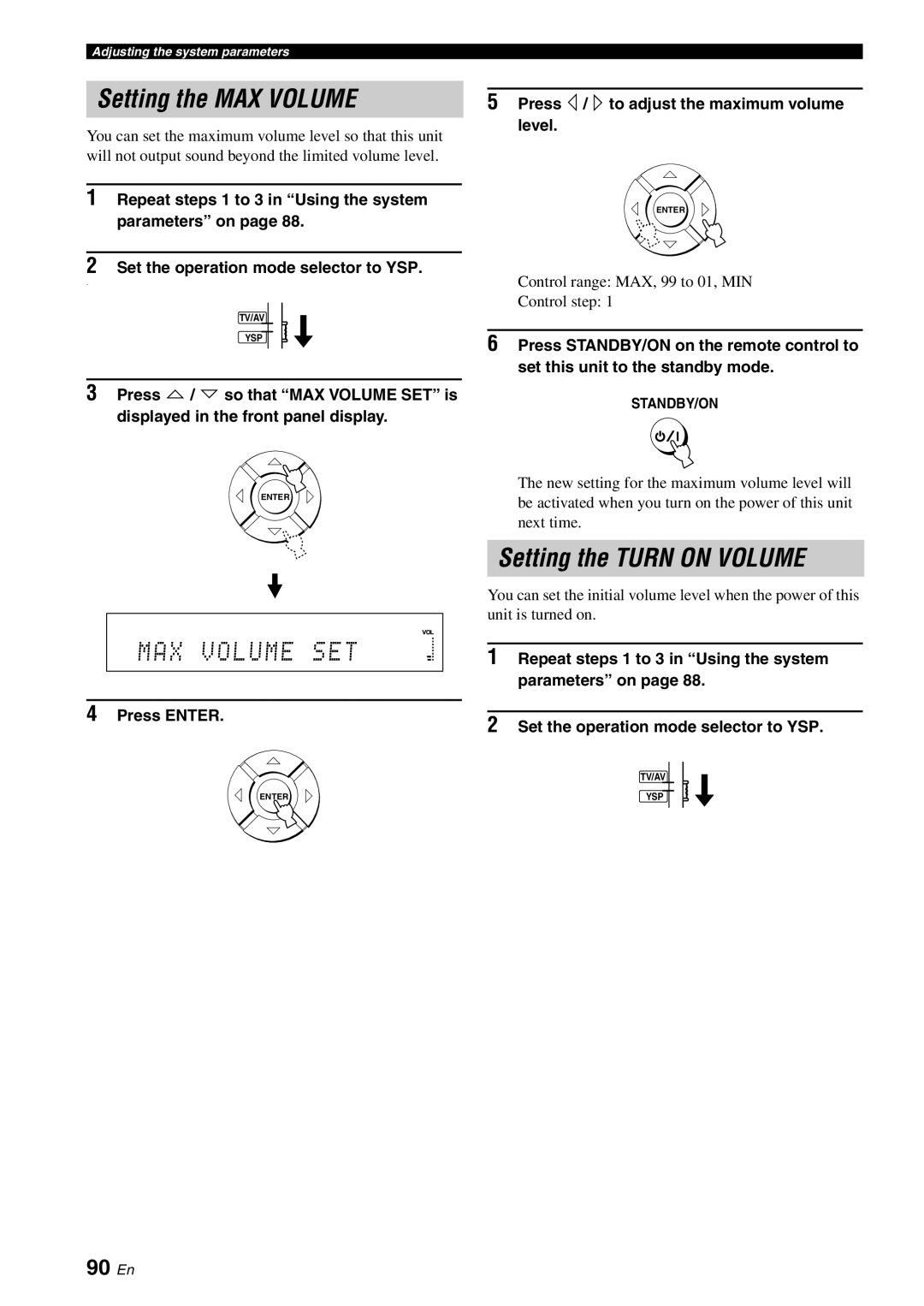 Yamaha YSP-3000 owner manual Setting the MAX Volume, Setting the Turn on Volume, MAX Volume SET, 90 En 