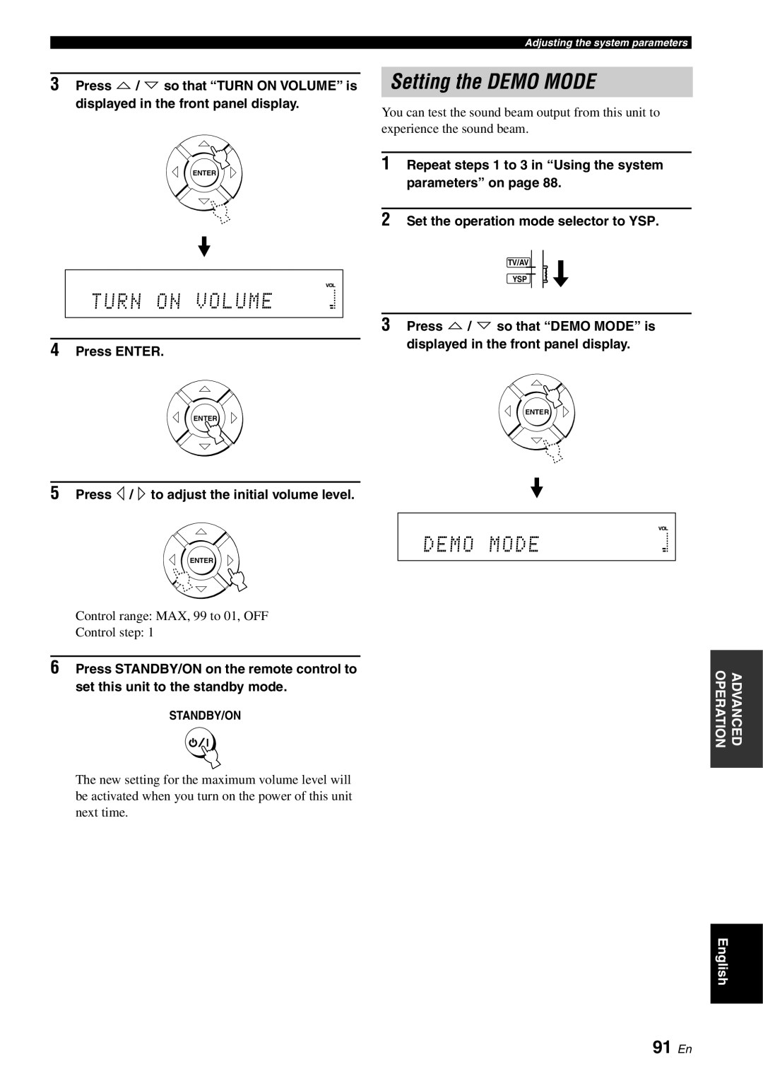 Yamaha YSP-3000 owner manual Turn Volume, Setting the Demo Mode, 91 En, Press / to adjust the initial volume level 