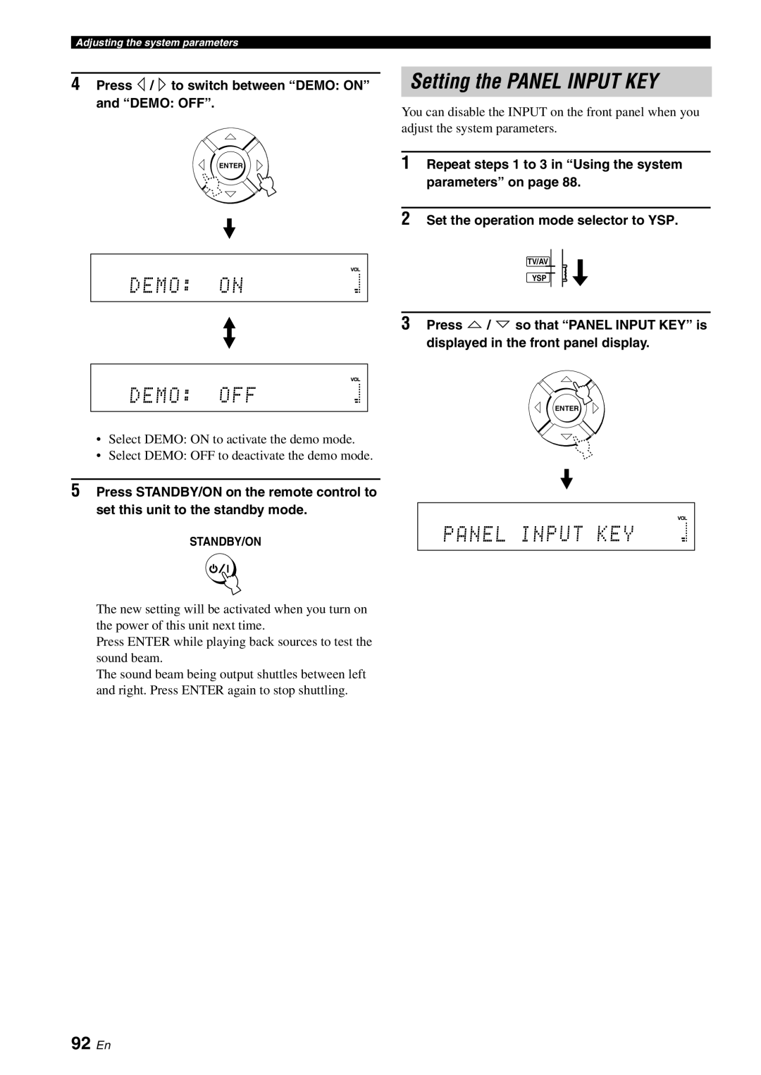 Yamaha YSP-3000 owner manual Setting the Panel Input KEY, Demo OFF, 92 En 