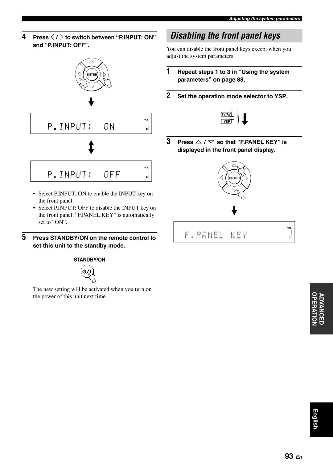 Yamaha YSP-3000 owner manual Input OFF, Disabling the front panel keys, Panel KEY, 93 En 