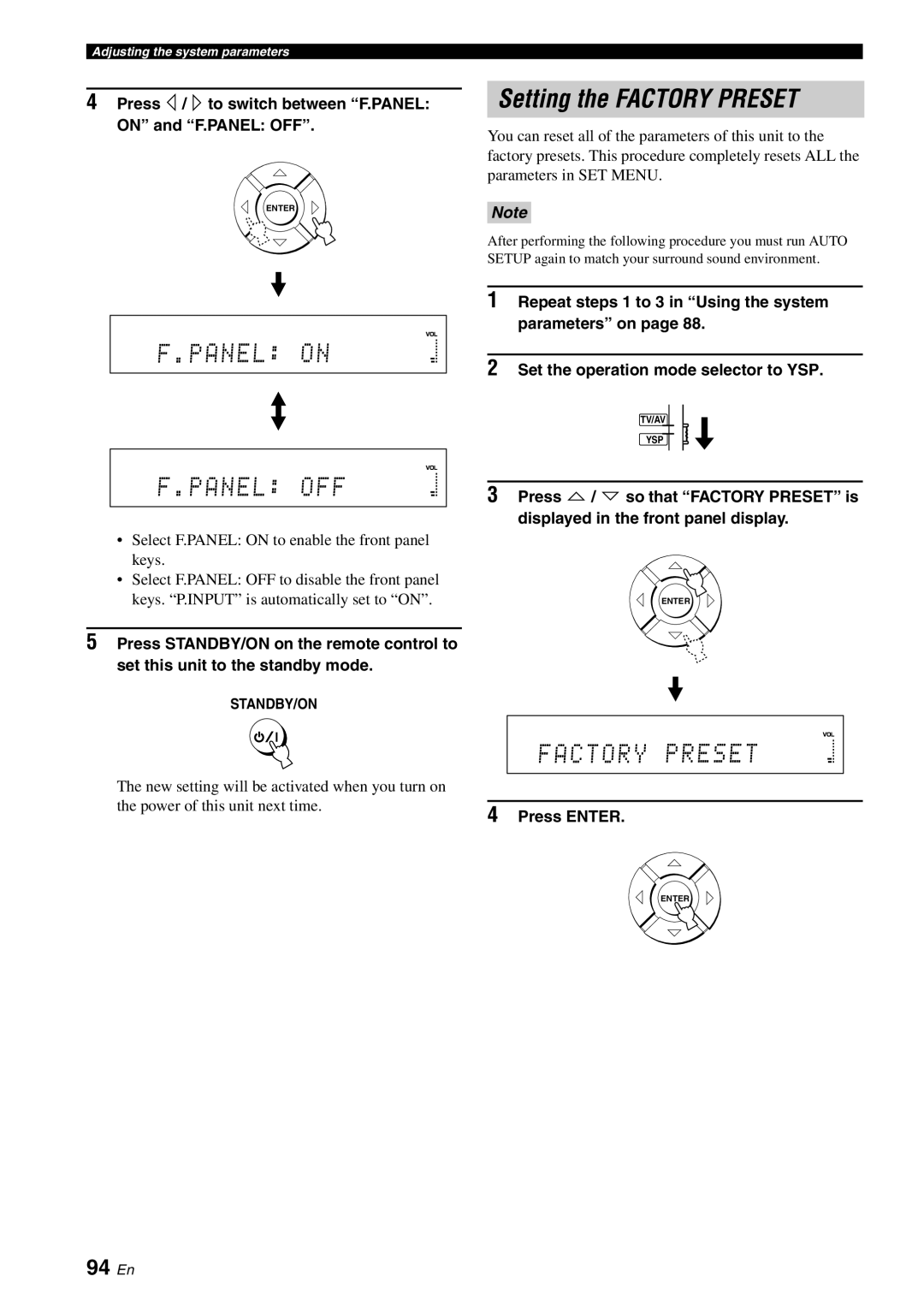 Yamaha YSP-3000 owner manual Setting the Factory Preset, Panel OFF, 94 En 