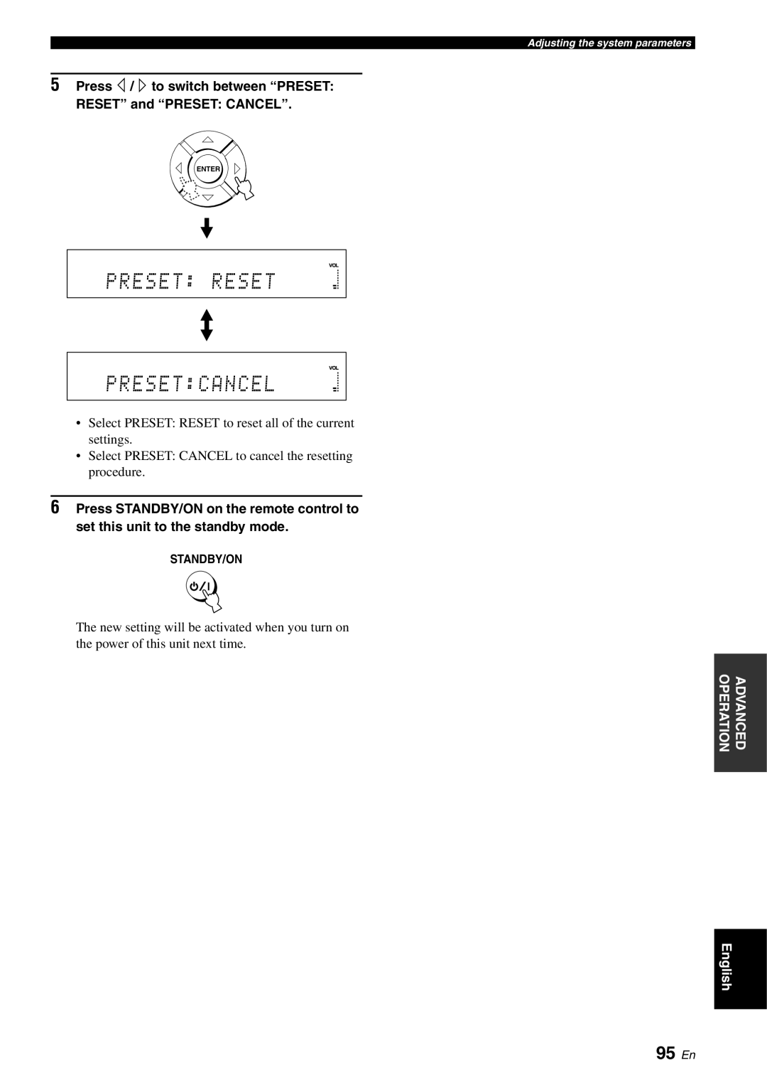 Yamaha YSP-3000 owner manual Preset Reset Presetcancel, 95 En, Press / to switch between Preset Reset and Preset Cancel 