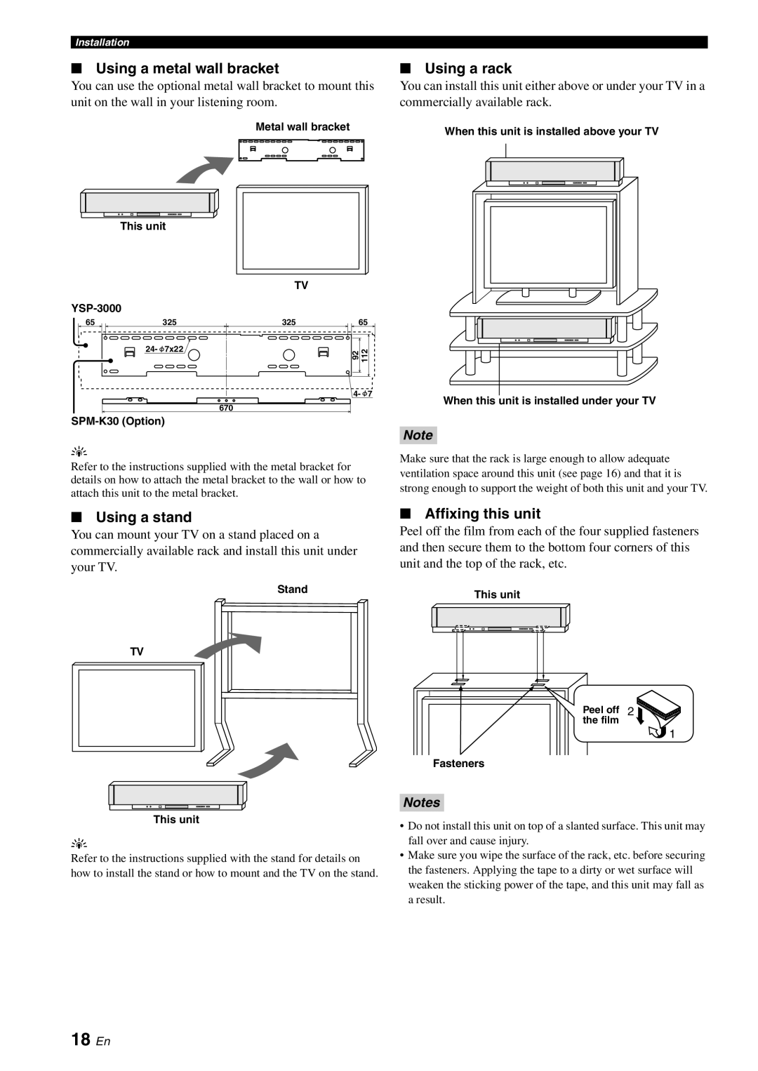Yamaha YSP-3000 owner manual 18 En, Using a metal wall bracket, Using a rack, Using a stand, Affixing this unit, Notes 