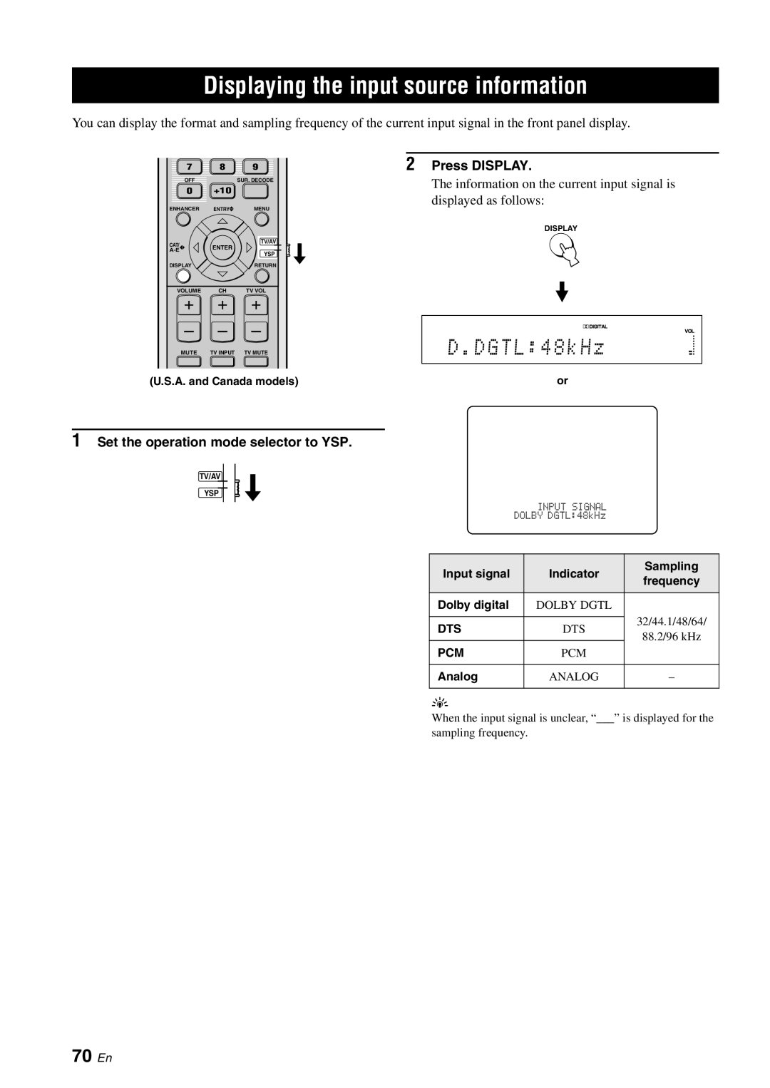 Yamaha YSP-3000 owner manual Displaying the input source information, D.DGTL 48kHz, 70 En, Press DISPLAY 