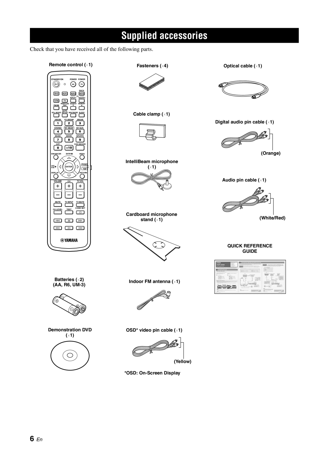 Yamaha YSP-3050 owner manual Supplied accessories, 6 En, Remote control ⋅1, Fasteners ⋅4 Cable clamp ⋅1, Optical cable ⋅1 