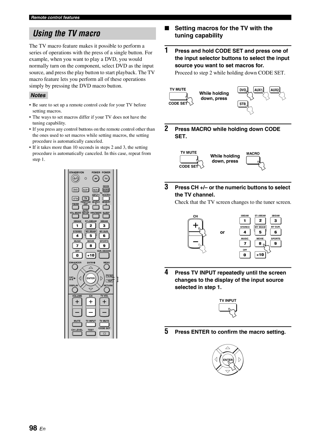 Yamaha YSP-3050 owner manual Using the TV macro, 98 En, 2Press MACRO while holding down CODE SET 