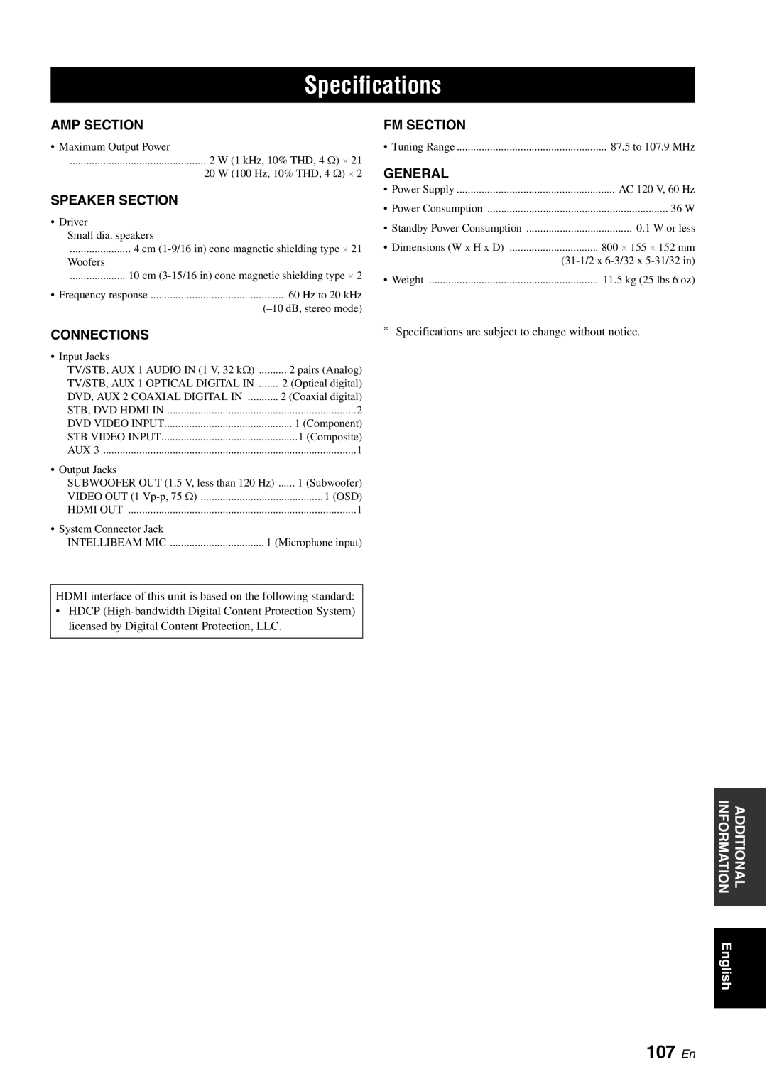 Yamaha YSP-3050 owner manual Specifications, 107 En, Amp Section, Speaker Section, Connections, Fm Section, General 