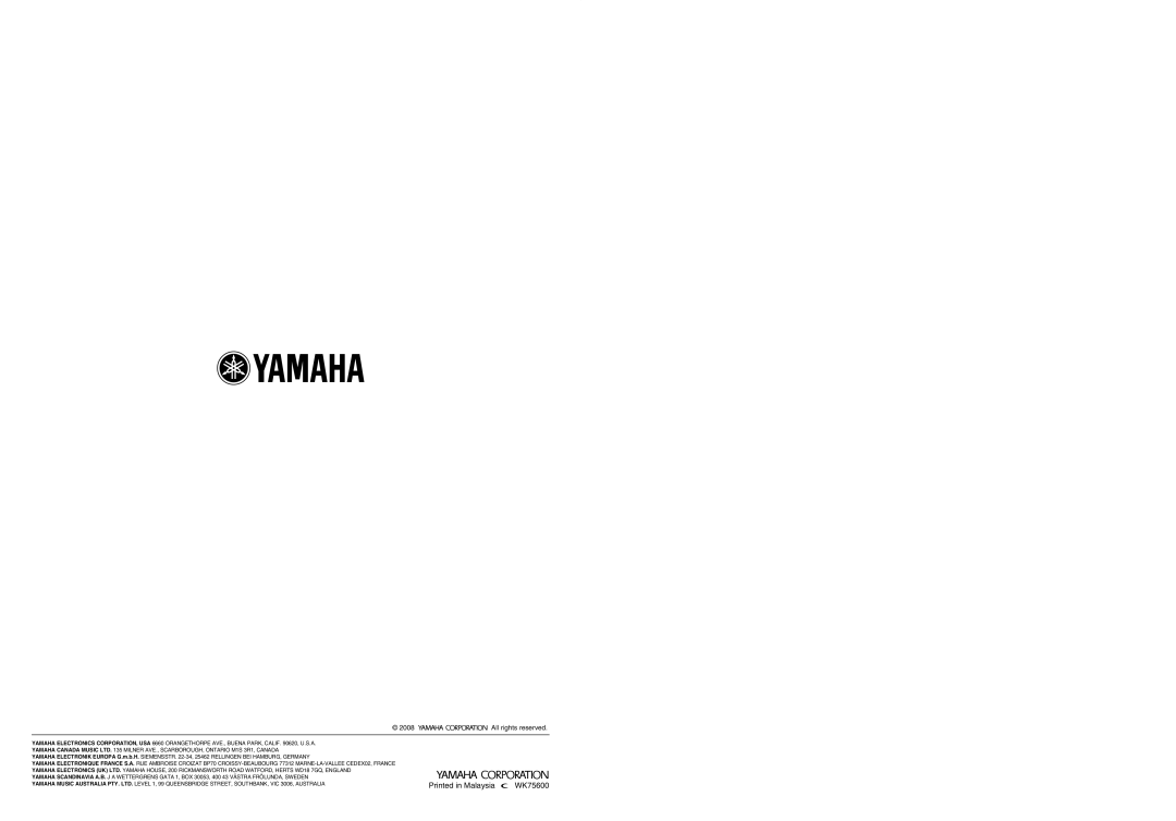 Yamaha YSP-3050 owner manual Printed in Malaysia, WK75600, All rights reserved 