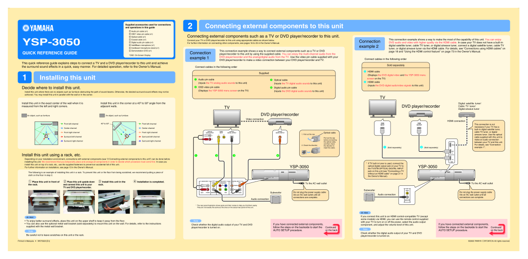 Yamaha YSP-3050 owner manual Connecting external components to this unit, Installing this unit, Quick Reference Guide 