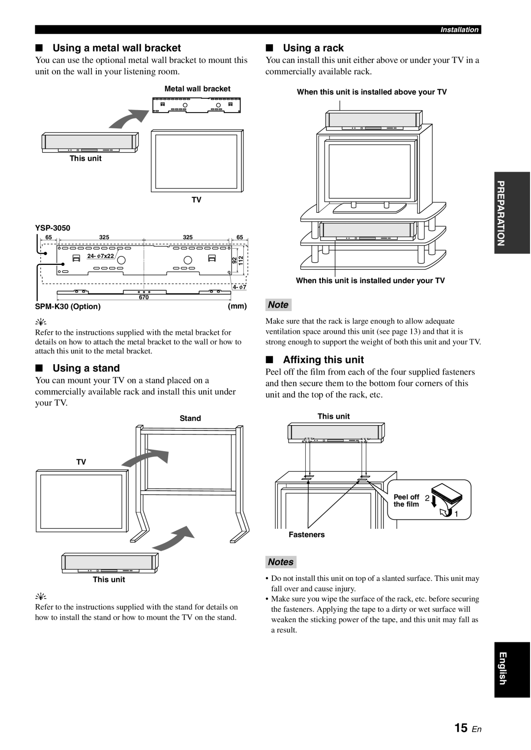 Yamaha YSP-3050 owner manual 15 En, Using a metal wall bracket, Using a rack, Using a stand, Affixing this unit, Notes 