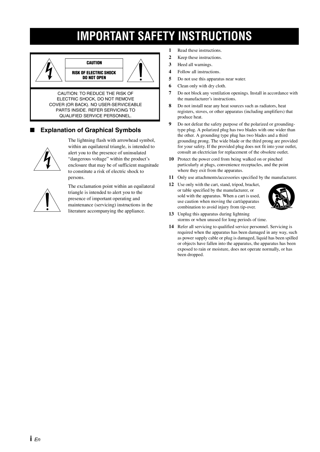 Yamaha YSP-3050 owner manual Important Safety Instructions, i En, Explanation of Graphical Symbols 