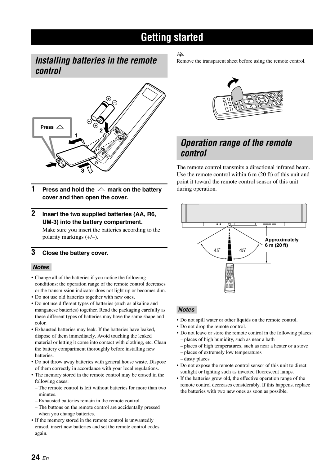 Yamaha YSP-3050 Getting started, Installing batteries in the remote control, Operation range of the remote control, 24 En 