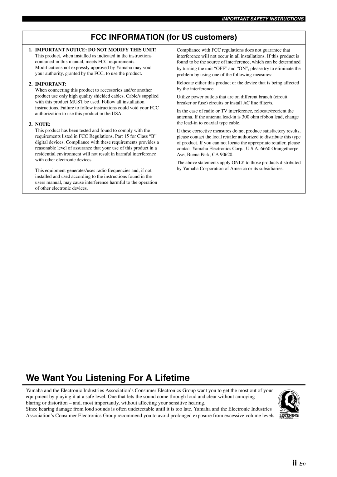 Yamaha YSP-3050 owner manual We Want You Listening For A Lifetime, FCC INFORMATION for US customers, ii En 