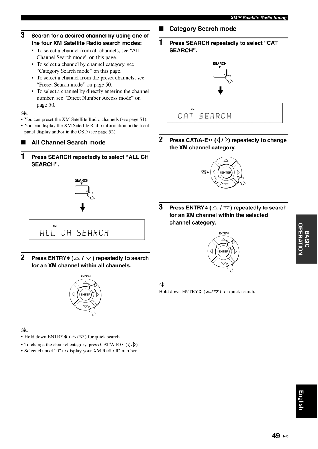 Yamaha YSP-3050 Cat Search, 49 En, All Channel Search mode, Category Search mode, Press ENTRY, repeatedly to search 