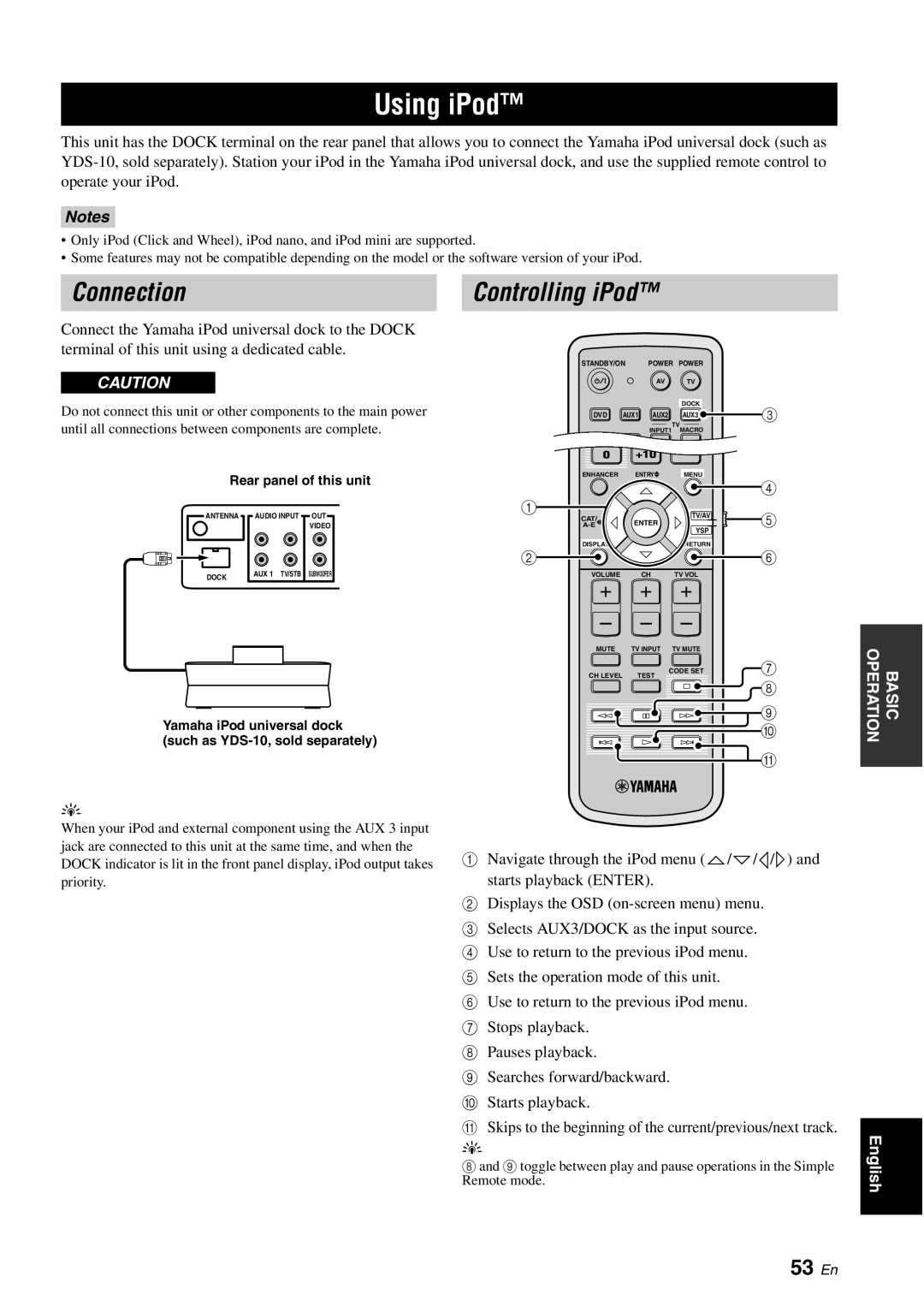 Yamaha YSP-3050 owner manual Using iPod, Connection, Controlling iPod, 53 En, Notes 