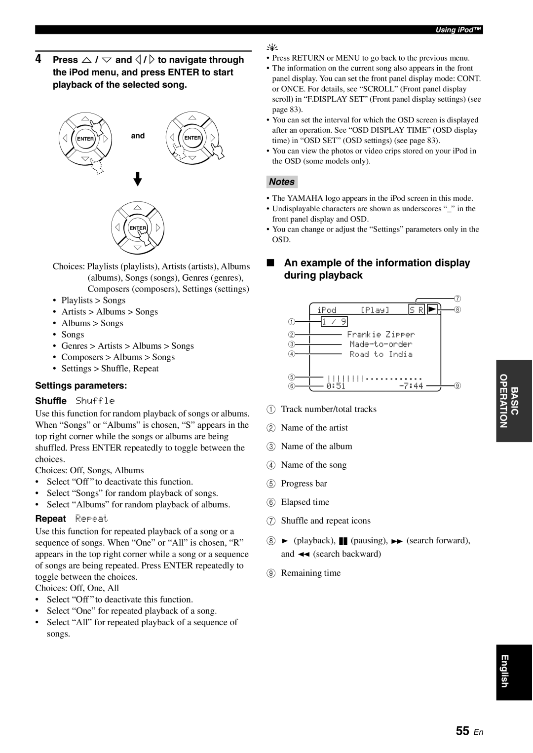 Yamaha YSP-3050 owner manual 55 En, Settings parameters Shuffle Shuffle, Repeat Repeat 