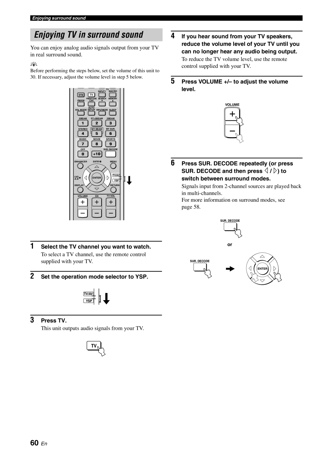 Yamaha YSP-3050 owner manual Enjoying TV in surround sound, 60 En, 5Press VOLUME +/– to adjust the volume level, 3Press TV 