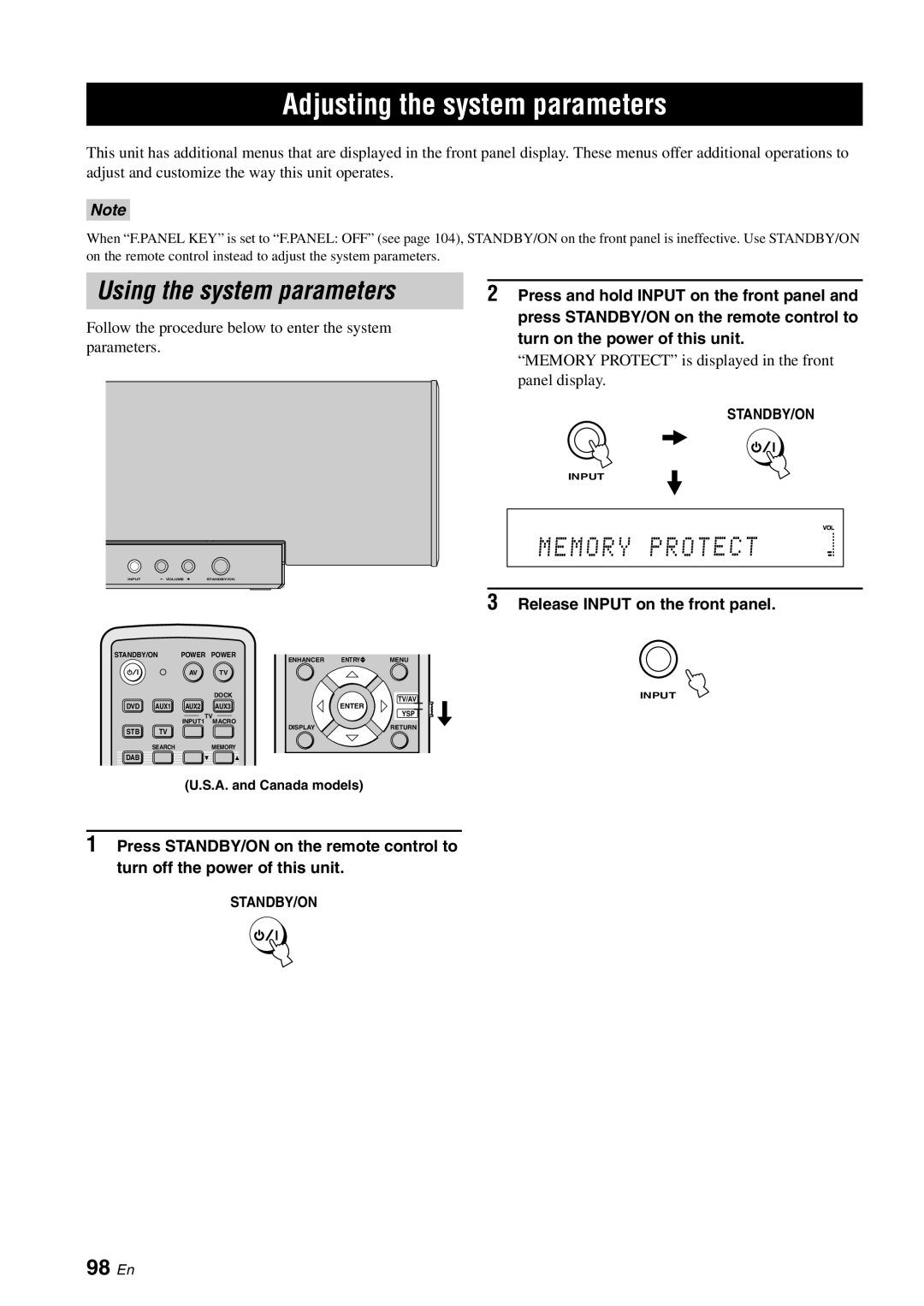 Yamaha YSP-40D Adjusting the system parameters, Using the system parameters, 98 En, Release Input on the front panel 