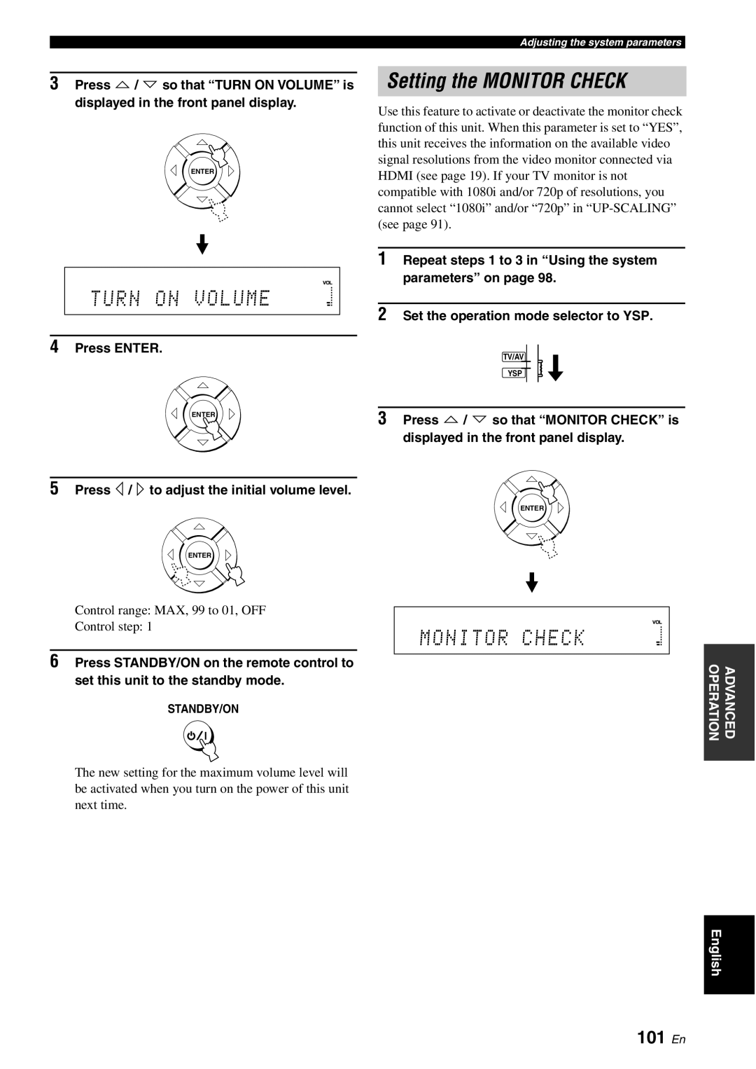 Yamaha YSP-40D owner manual Setting the Monitor Check, 101 En, Press / to adjust the initial volume level 