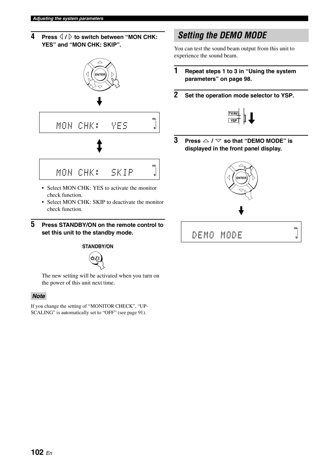 Yamaha YSP-40D owner manual Setting the Demo Mode, 102 En, Press / to switch between MON CHK YES and MON CHK Skip 