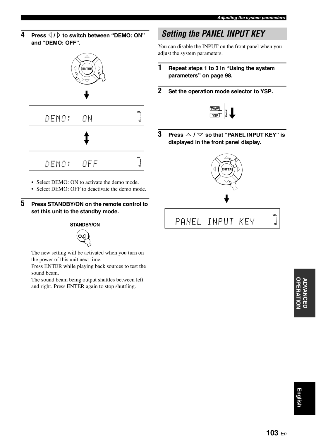 Yamaha YSP-40D owner manual Setting the Panel Input KEY, 103 En, Press / to switch between Demo on Demo OFF 