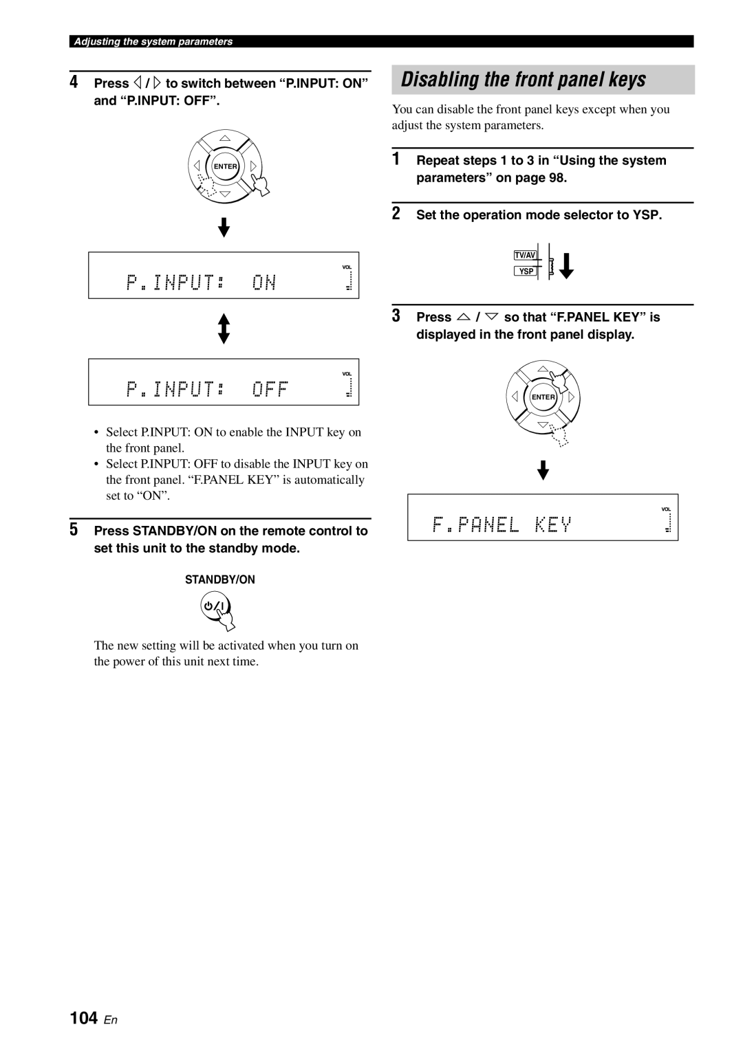 Yamaha YSP-40D owner manual Disabling the front panel keys, 104 En, Press / to switch between P.INPUT on P.INPUT OFF 